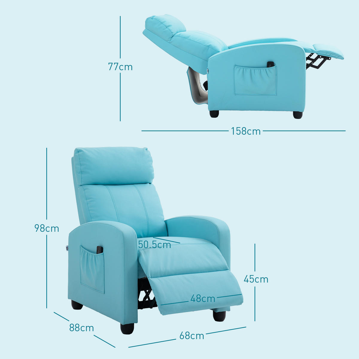 MASSAGESESSEL,8 Programme Fernbedienung Liegefunktion Fußstütze,blau - Blau, Leder (88/98/68cm) - Vallsero