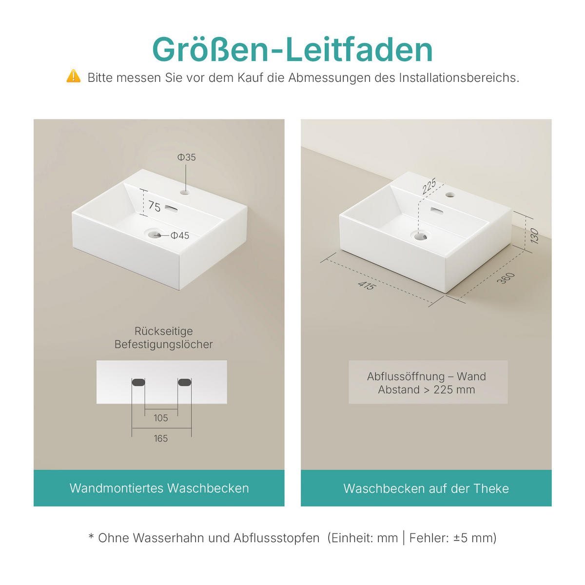 WASCHBECKEN mit Überlauf Weiß 41,5 / 36 / 13 cm - Weiß Hochglanz, Keramik (36/13/41.5cm) - EMKE
