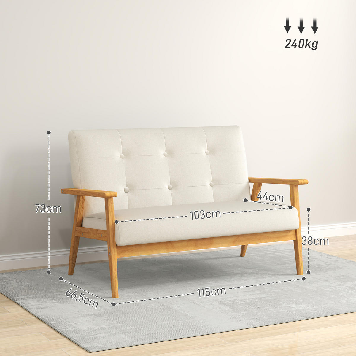 SOFA, 2-Sitzer, 115cm, skandinavisch, gesteppt, beige - Multicolor, Holzwerkstoff (115/73/66.5cm) - FORIOUS