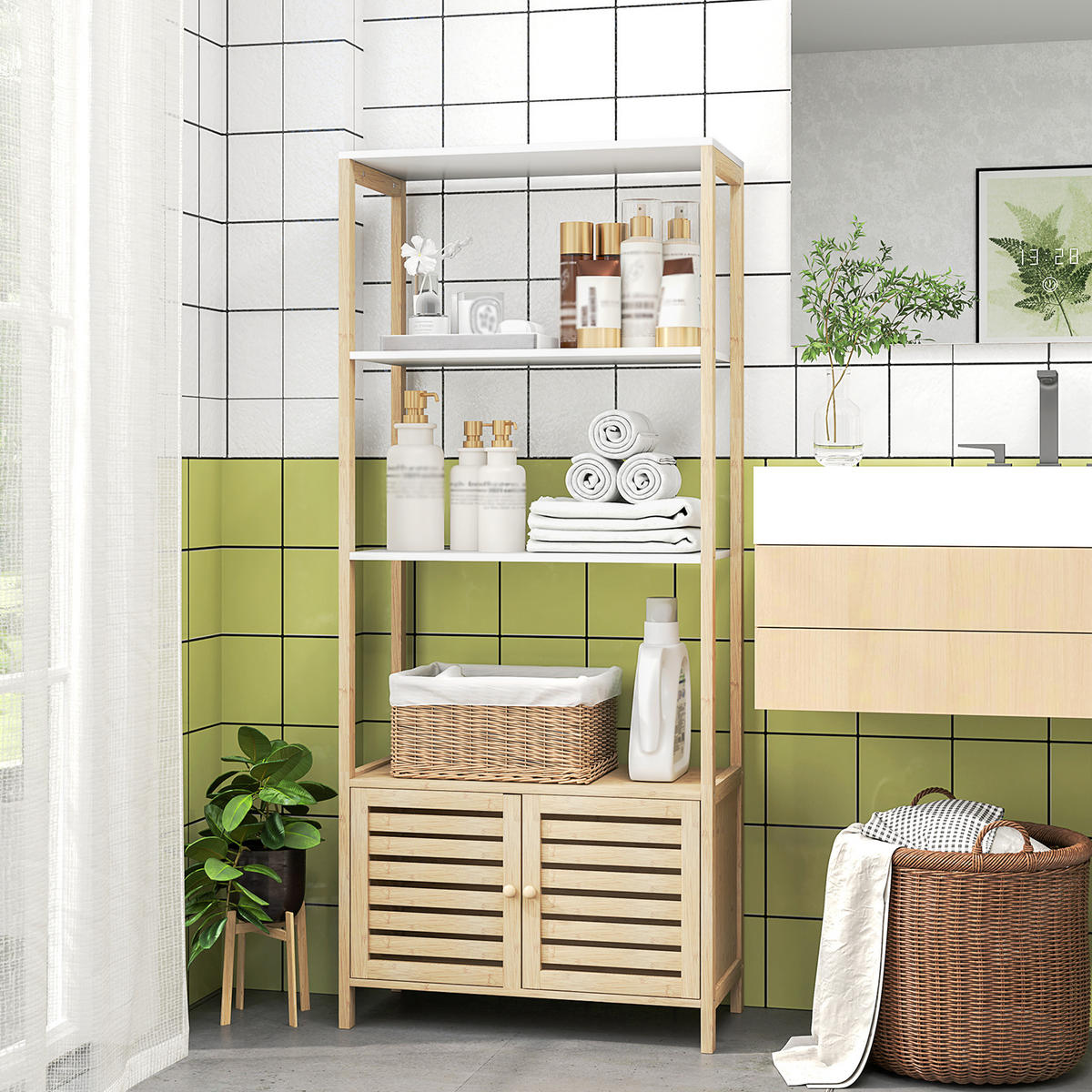 BADEZIMMERSCHRANK Natur und Weiß 63/30/138 cm - Weiß, Holz (63/138/30cm) - PANGIVO