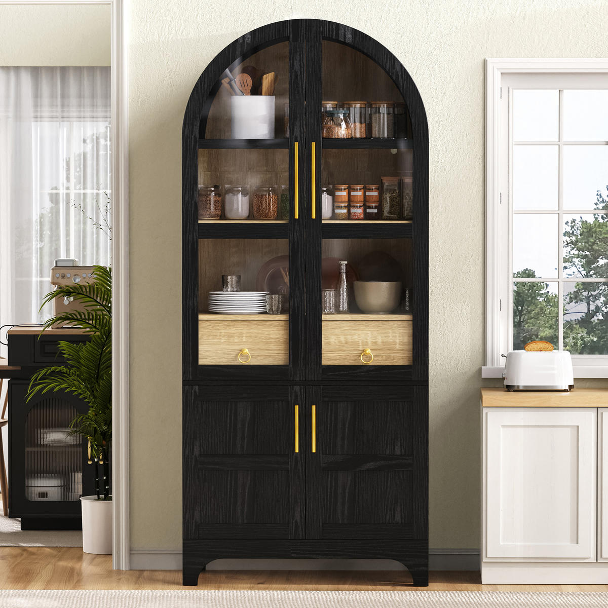 HIGHBOARD DE-38322 mit Riffelglas und verstellbaren Böden Natur - Schwarz, Holzwerkstoff (76/180/40cm) - ComfortXL