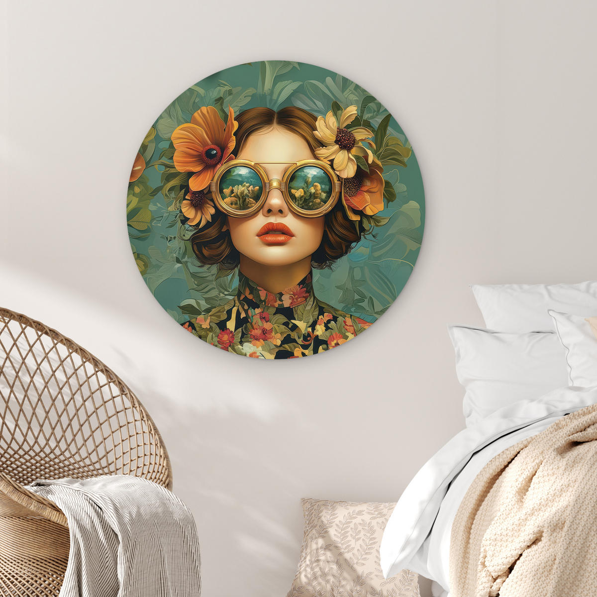 WANDBILD Frau - Blumen - Schmetterlinge - Natur - Vintage 90x90 cm - Petrol, Kunststoff (90/90cm) - MuchoWow