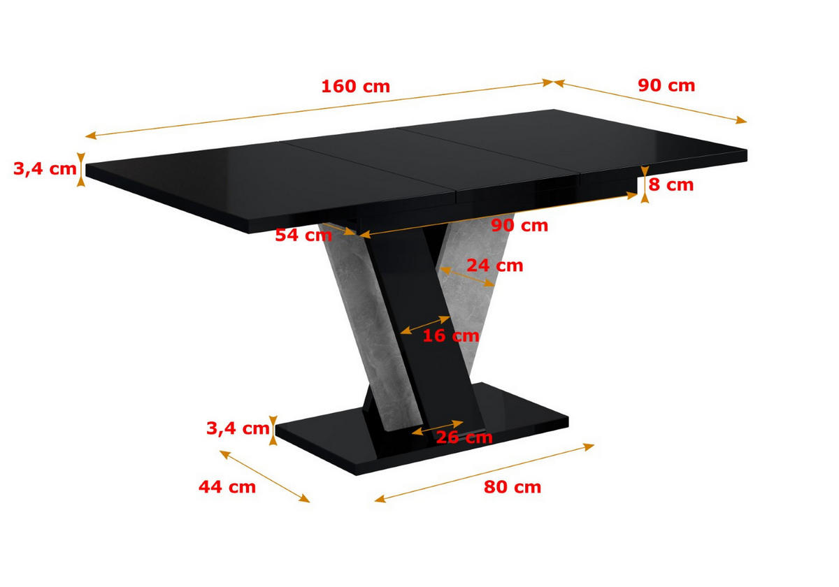 ESSTISCH ausziehbar 120 -160x90x75 cm - Hochglanz Schwarz/Betonoptik - INEY - Schwarz Hochglanz, Holzwerkstoff (120/90/75cm) - ALTDECOR