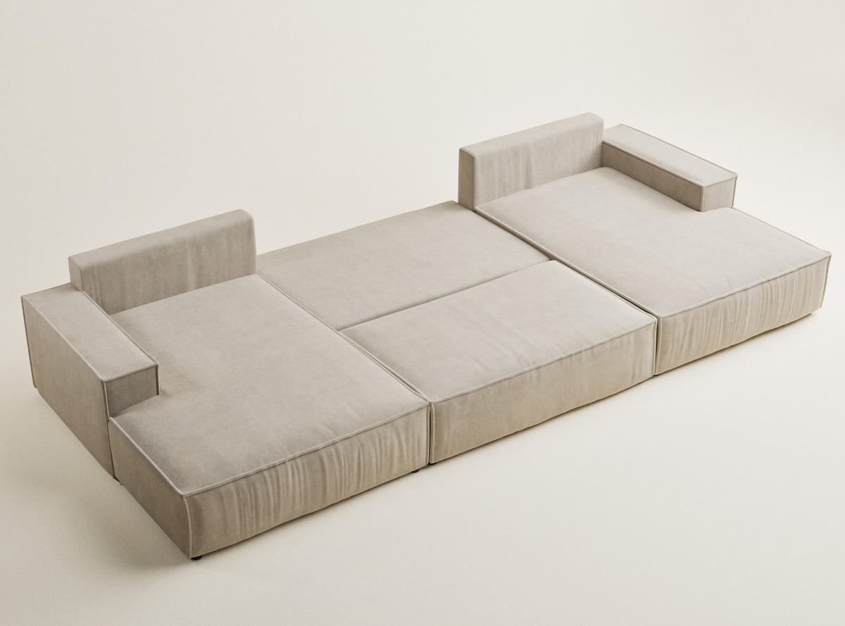 WOHNLANDSCHAFT Kyoto Beige Webstoff - Beige/Schwarz, Holz/Holzwerkstoff (398/70/148cm) - Maison de Reve