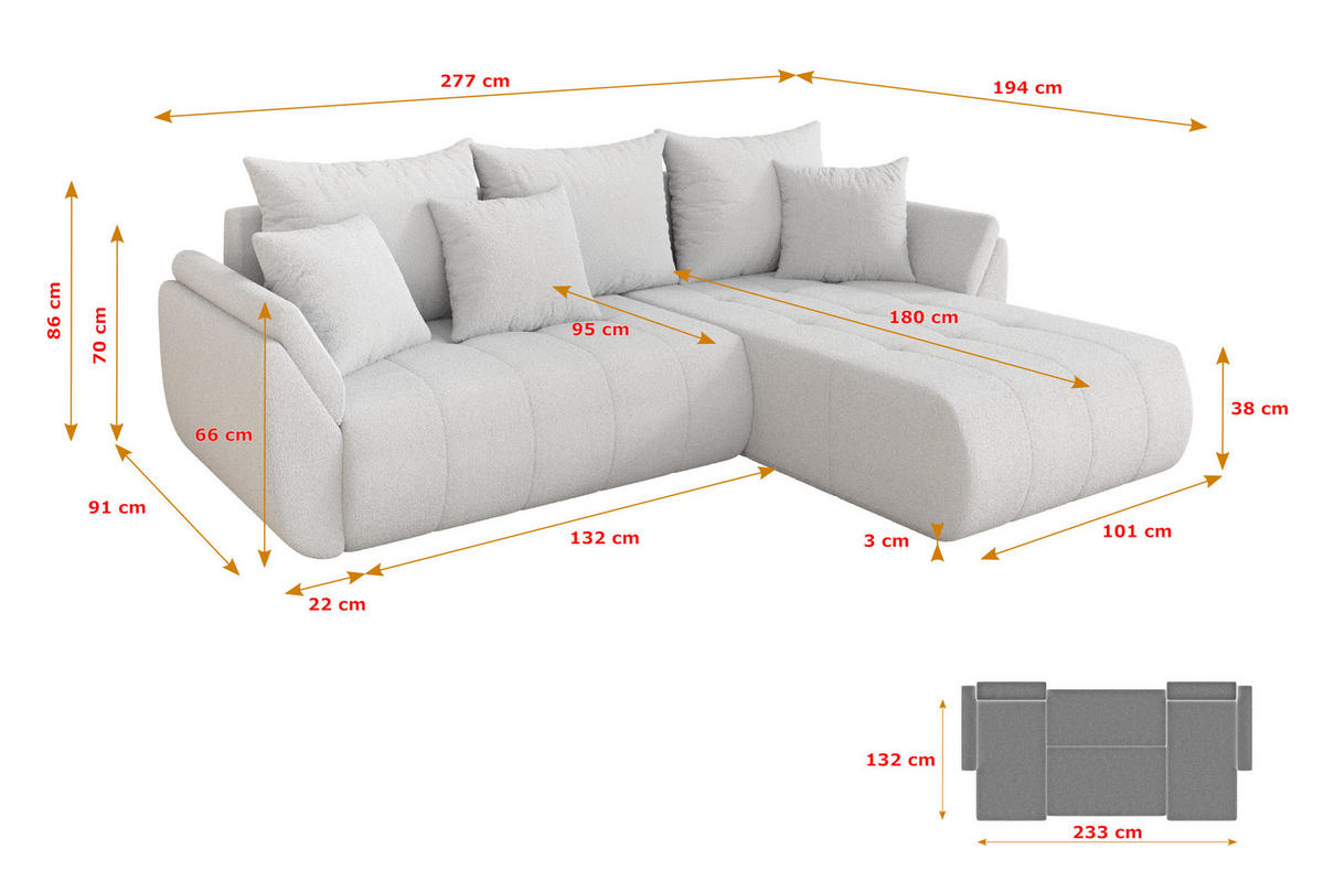 ROHOVÁ SEDAČKA s funkcí spaní, otoman vpravo TOKO-L 277x194x86 bílá bouclé - bílá/černá, kompozitní dřevo/textil (277/194cm) - ALTDECOR