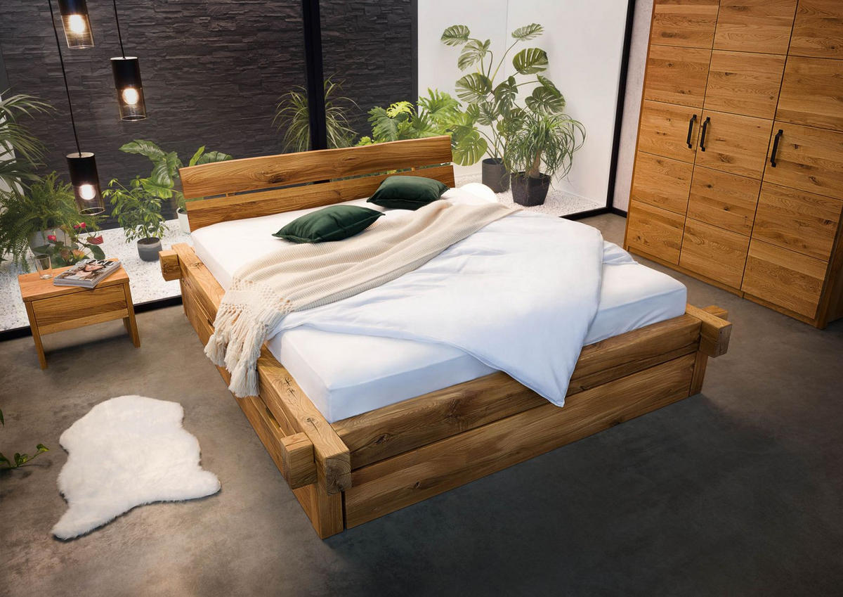 BETT mit Schublade Massivholz Wildeiche 200 x 200 x 85 natur BALKENMÖBEL #127 - Naturfarben, Holz (200/200cm) - Massivmoebel24