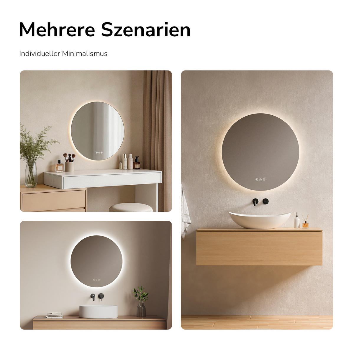 BADSPIEGEL Runder mit Antibeschlag Dreifarbige Beleuchtung ф70 cm - Weiß, Glas (70/3.5/70cm) - EMKE