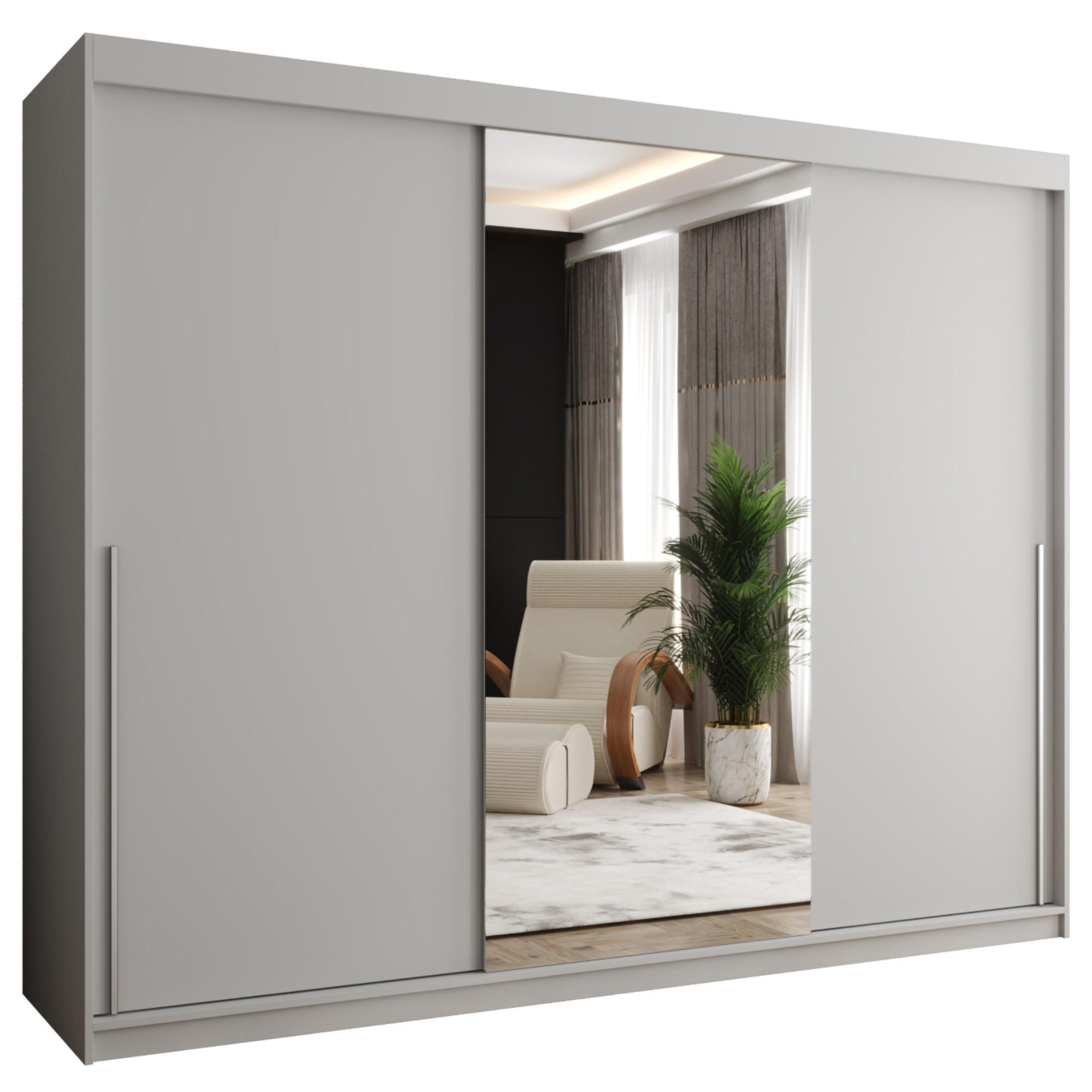 SCHIEBETÜRENSCHRANK mit Spiegel 250 cm Breite Weiß mit silbernem Griff - Silberfarben/Weiß, Holzwerkstoff (250/200/62cm) - Home Collective