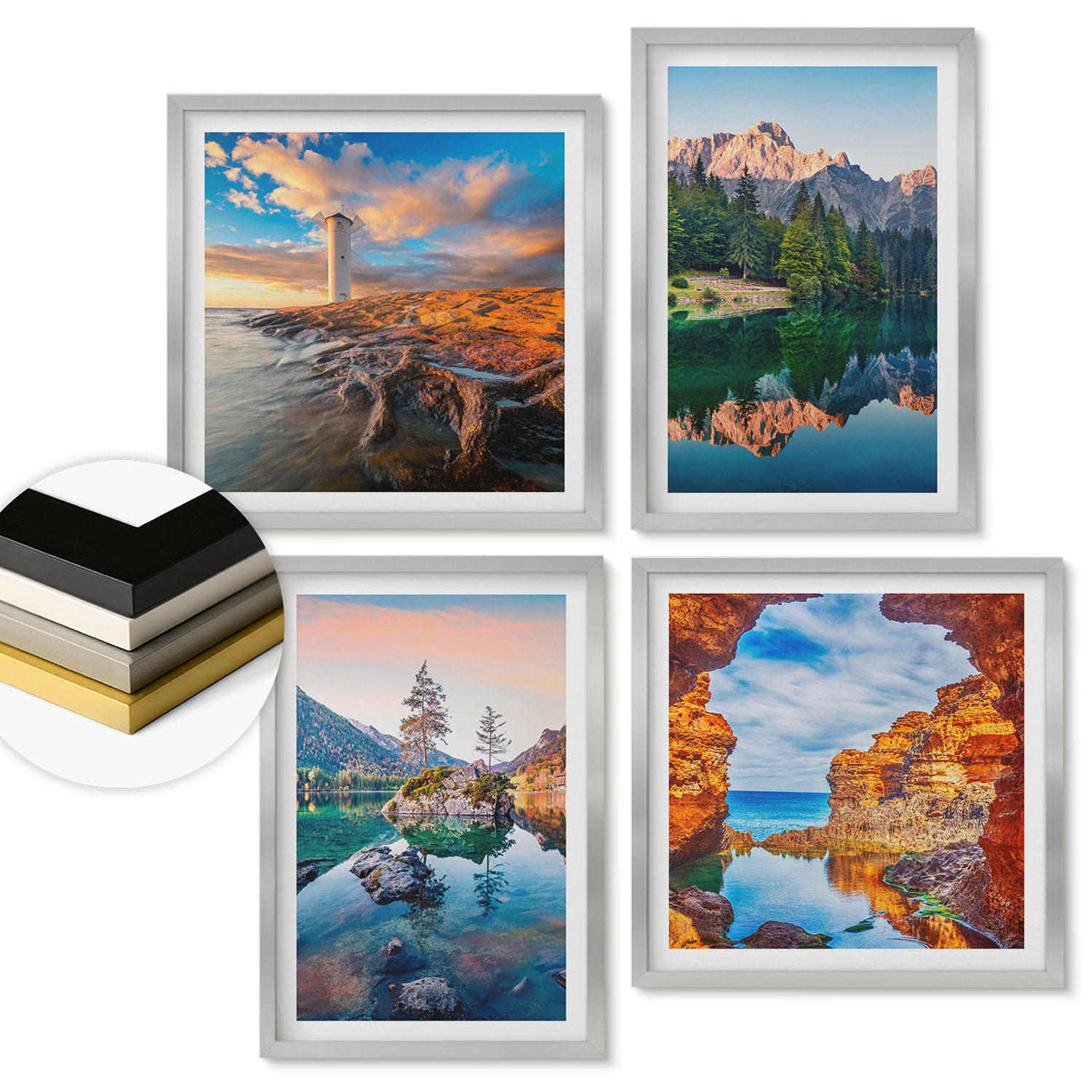 WANDBILDER 4er Set - 50x50 cm & 40x60 cm Silberner Rahmen - Spiegelung der Felsen in Bergseen - Silberfarben, Kunststoff (50/50cm) - ArtPrintCave