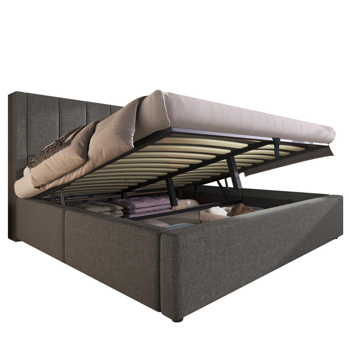 POLSTERBETT 180/200 cm mit Ladestation, versteckten Becherhaltern und Bettkasten, Leinenoptik, Grau - Grau, Textil (180/200cm) - Redom