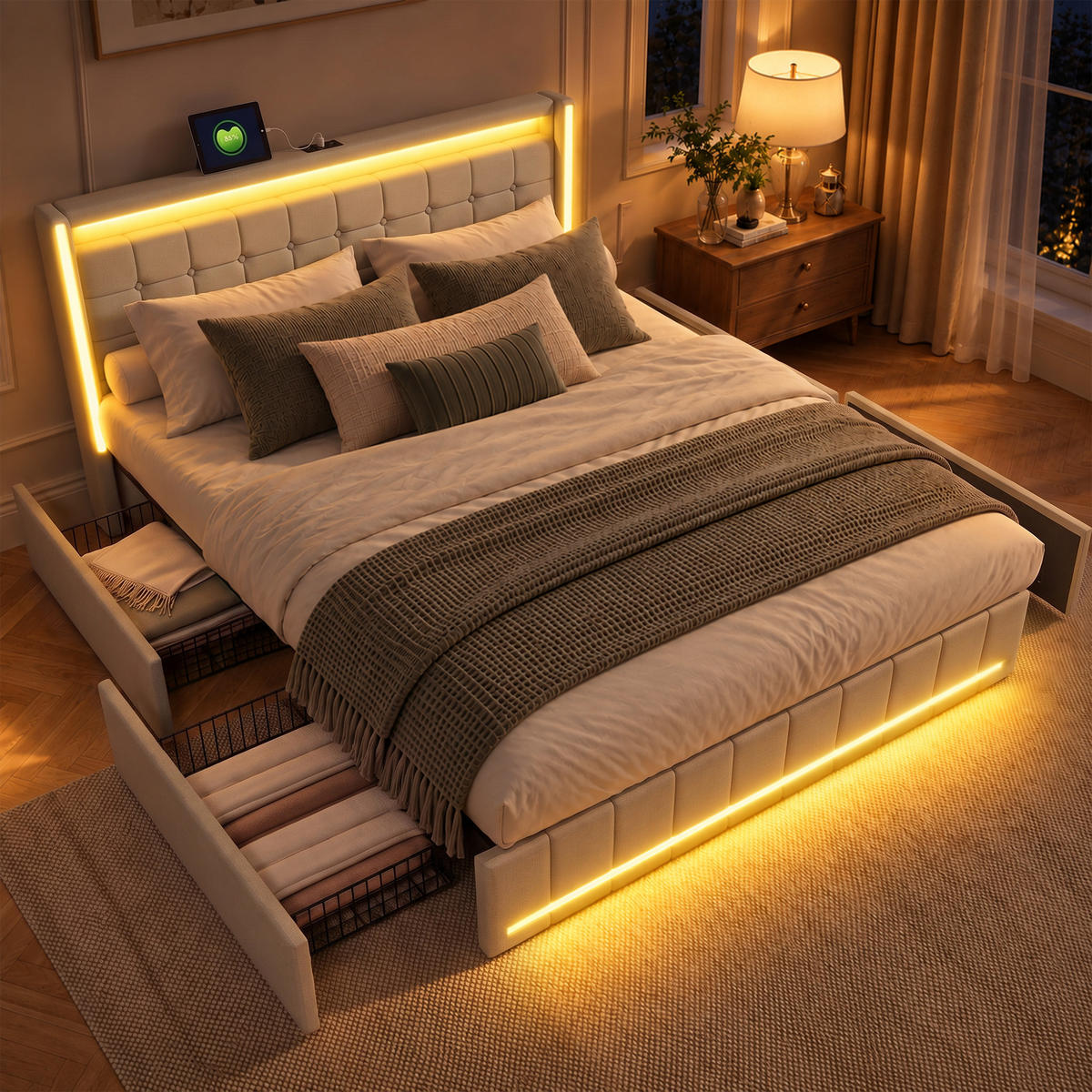 POLSTERBETT，BETT 160/200 cm mit Schubladen aus Leinen –Modernes Bett für das Schlafzimmer - Beige/Naturfarben, Holz/Textil (160/200cm) - FURNISHINGS HOME