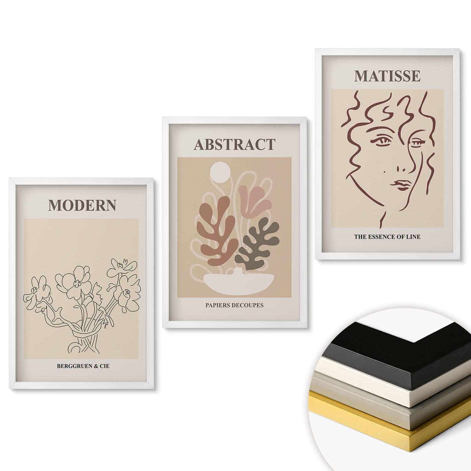 WANDBILDER 3er-Set - 40x60 cm Weißer Rahmen - Moderne Pflanzenlinien - Weiß, Kunststoff (40/60cm) - ArtPrintCave
