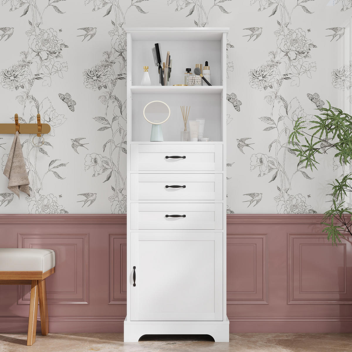 HOCHSCHRANK 56/25.6/167 cm Weiß mit 3 Schubladen, Staufach und offene Regale - Schwarz/Weiß, Holz/Holzwerkstoff (25.6/167/56cm) - Oxeza