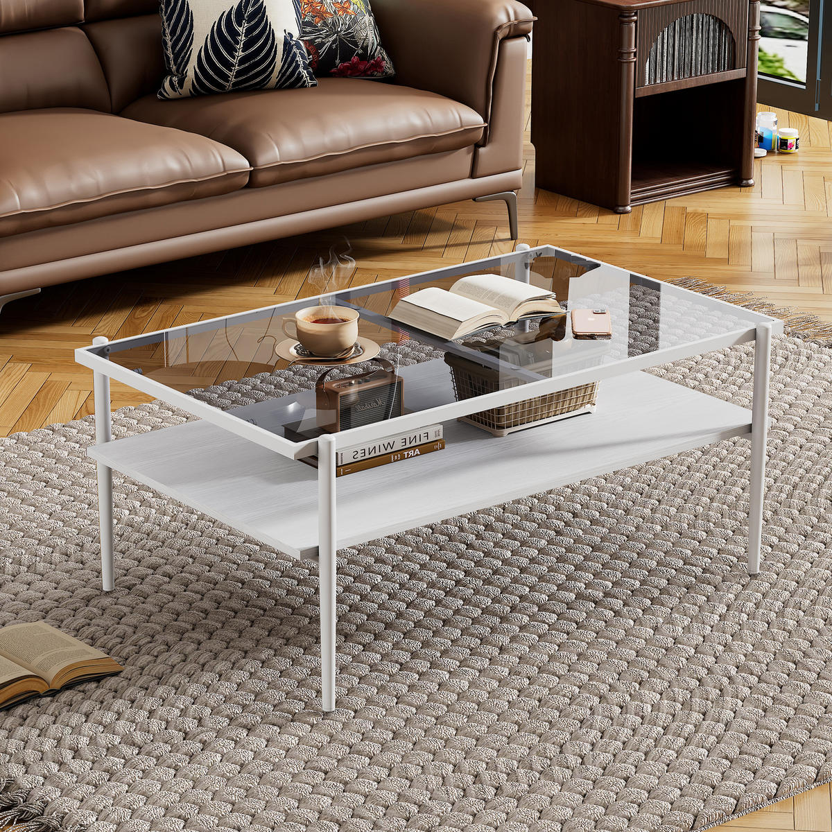 COUCHTISCH rechteckig Grau/Weiß 97,5/61,5/45 cm mit Glasplatte und Metallbeinen - Weiß/Grau, Glas/Holzwerkstoff (97.5/61.5/45cm)
