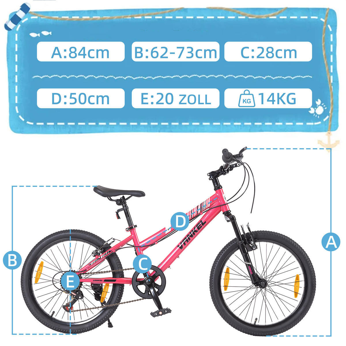 KINDERFAHRRAD 20 Zoll - Rosa mit V-Bremsen und 6-Gang-Schaltung - Stahlrahmen - Rosa, Metall (84cm) - Oxeza