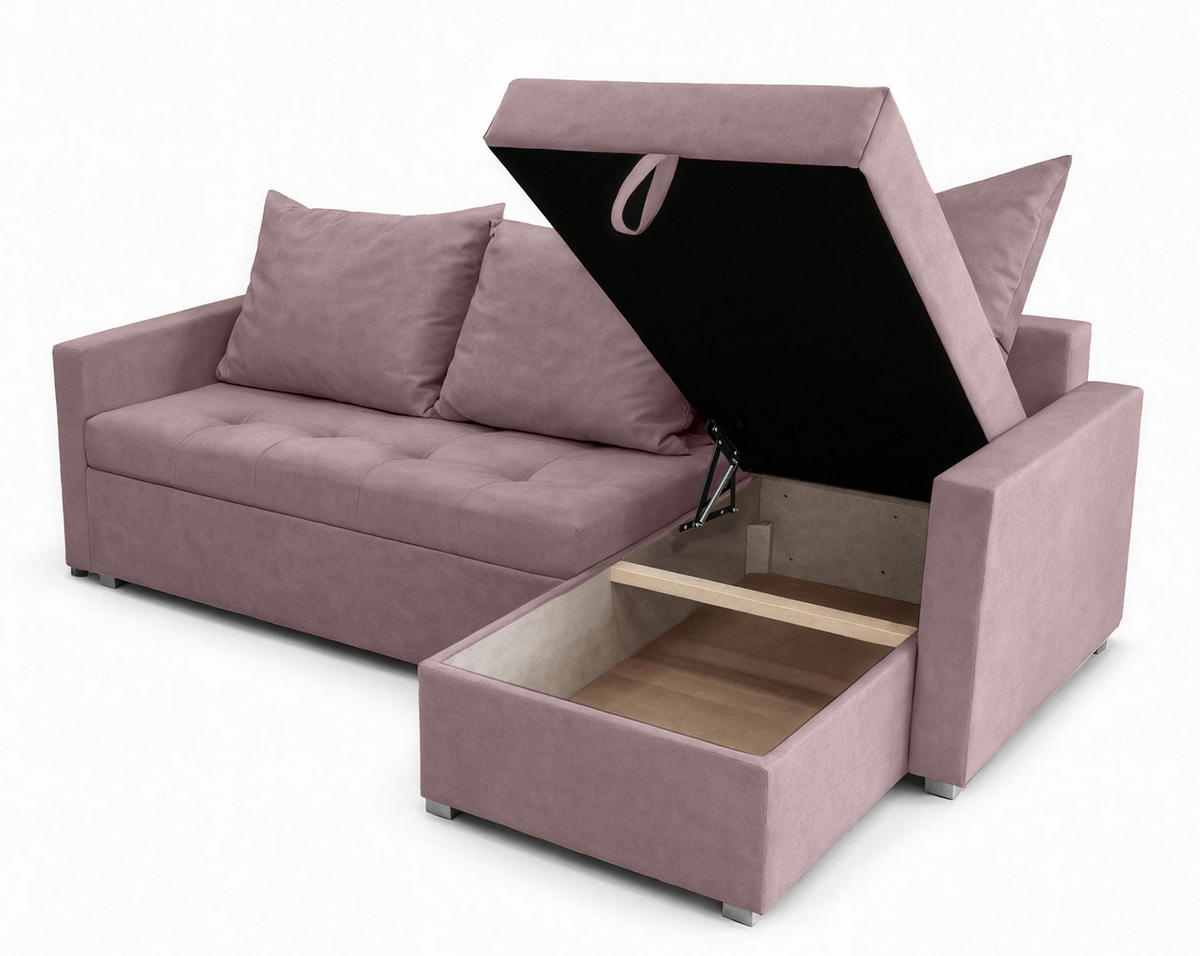 ECKSOFA Universelle L Form Elif Rosa 220/140/85 cm stilvolle mit Schlaffunktion - Silberfarben/Rosa, Kunststoff/Textil (220/140cm) - AX Living