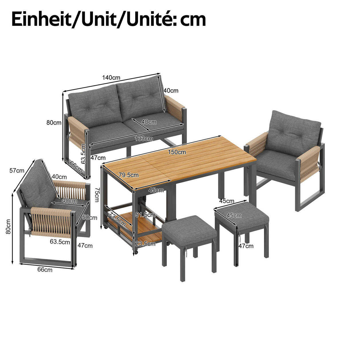 LOUNGEGARNITUR 150/79,5/75 cm Grau/Natur aus Eisen mit abnehmbarem Tisch 6er Set - Grau, Metall - OKMYHOME