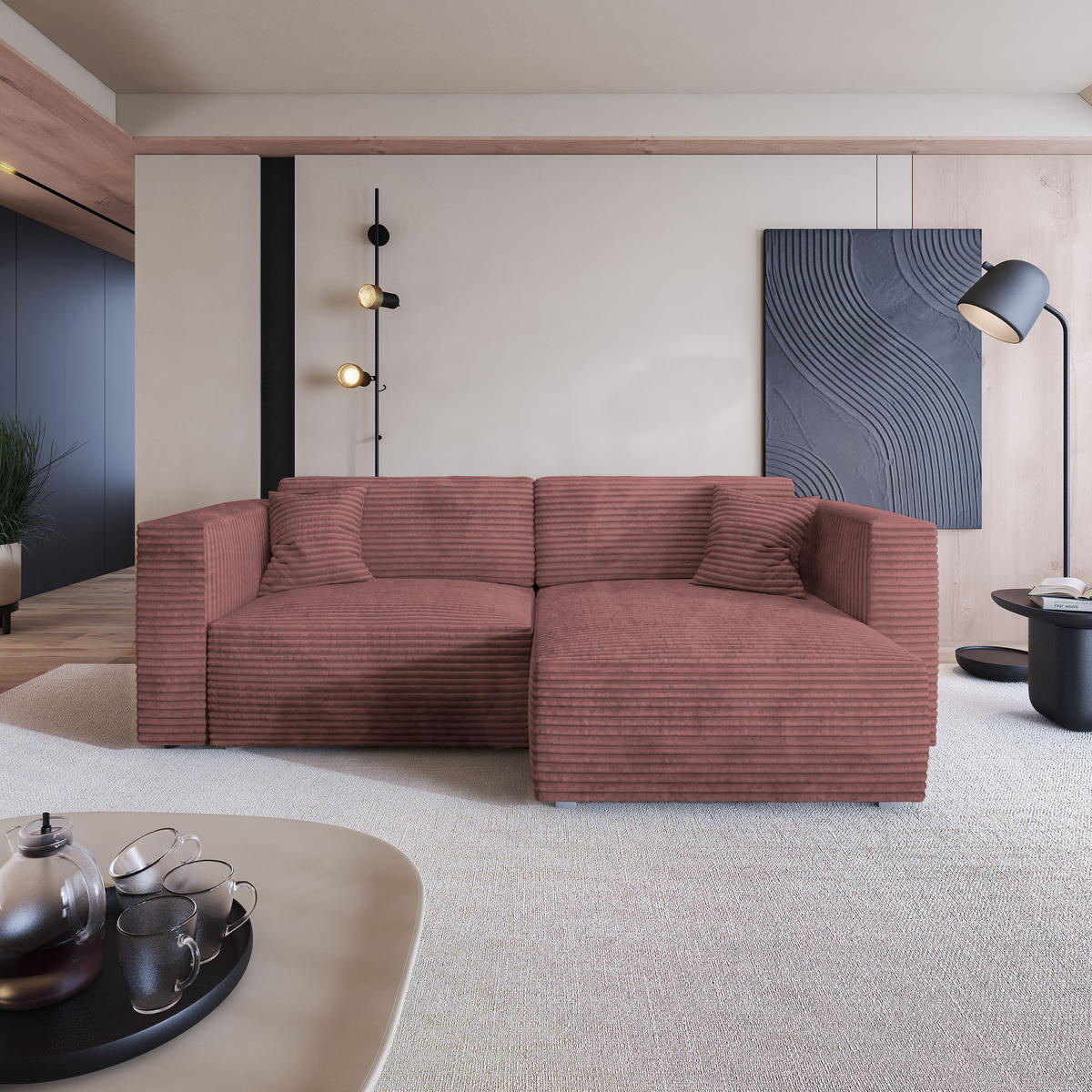 ECKSOFA NERIO Rosa Kordstoff mit Schlaffunktion - Rosa, Holz (245/148cm) - MASSENO