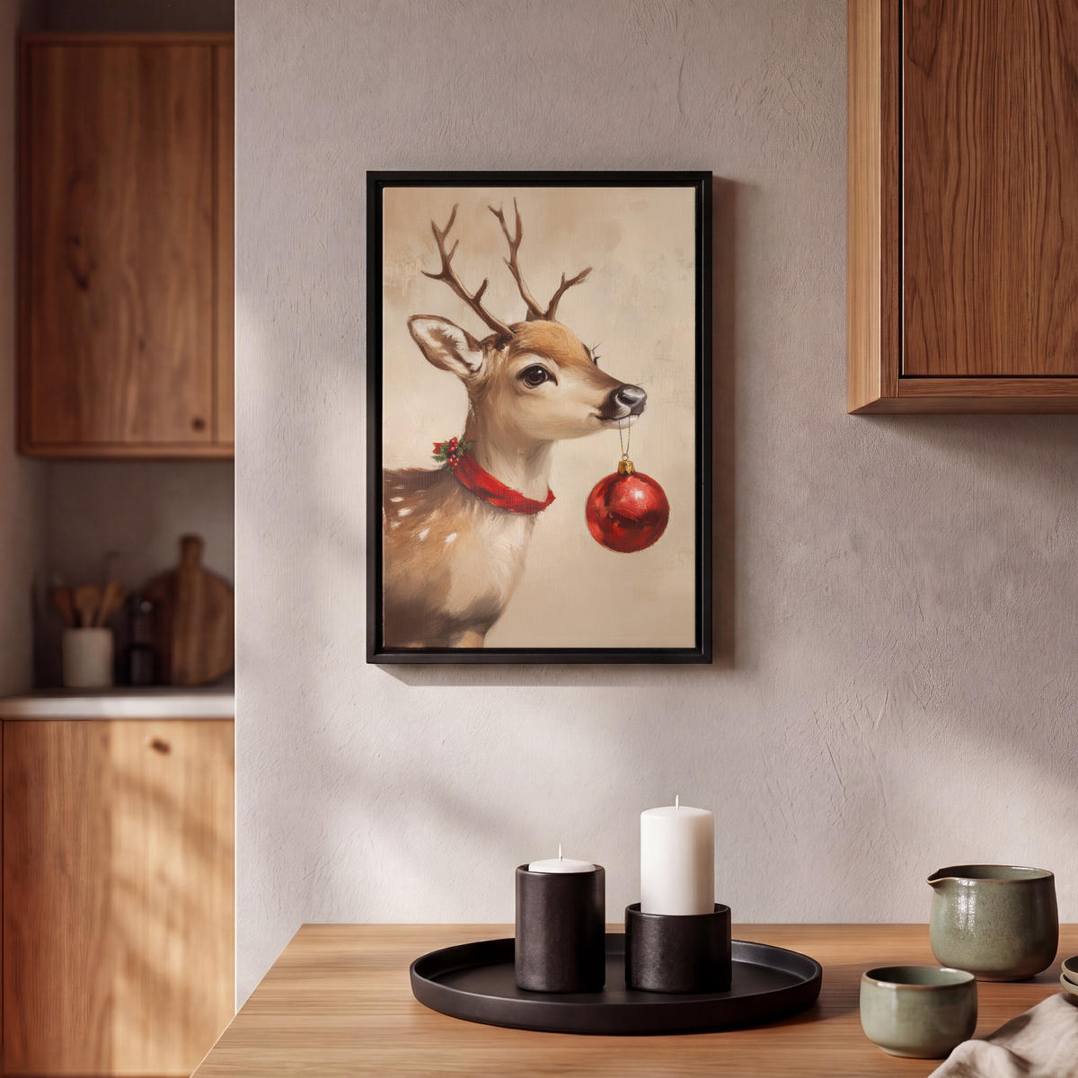 LEINWAND Bilder mit Rahmen - Weihnachten - Hirsch - Geweih - Weihnachtskugel - Rentier - 20x30 - Hellbraun, Textil (20/30cm) - MuchoWow