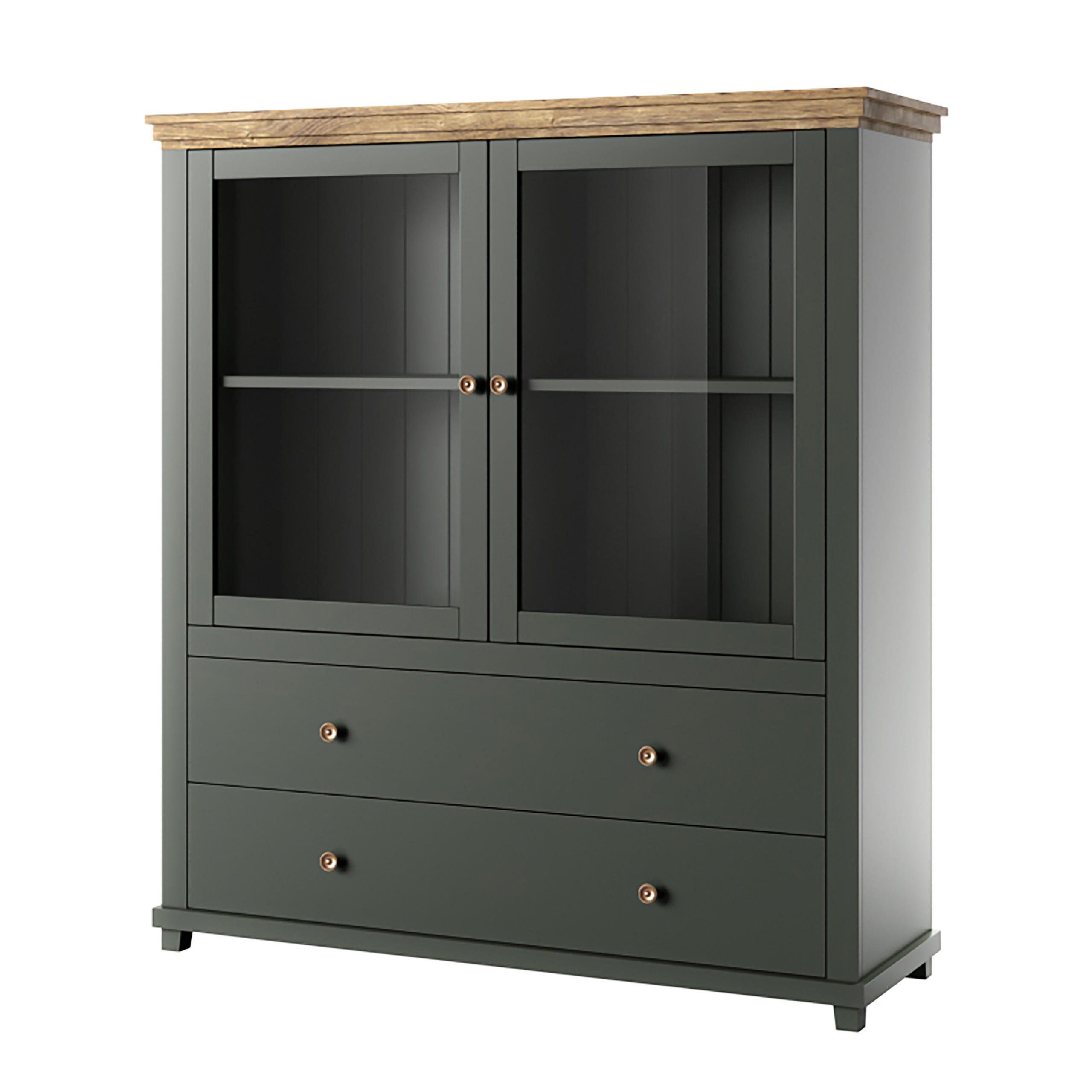 VITRINE EVANDRO 126/138/42 cm mit 2 Schubladen und 2 Türen Grün - Grün, Holzwerkstoff (126/138/42cm) - MASSENO