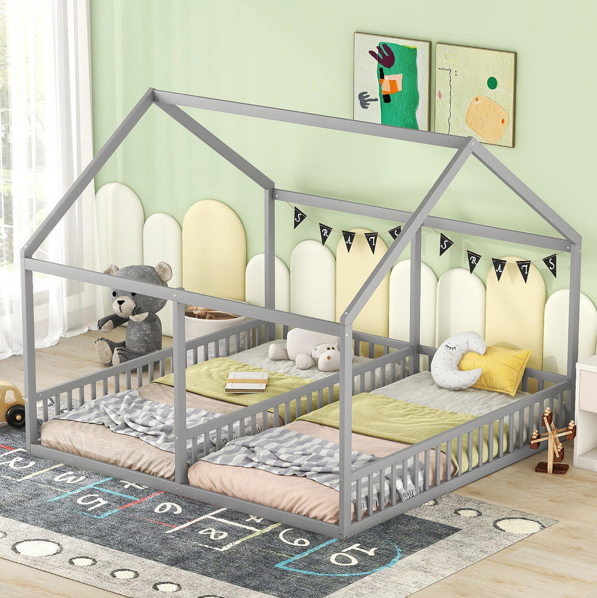 KINDERBETT aus Kiefer 204x187x168 cm Grau 2-in-1 Hausbett mit Schutzgitter - Grau, Holz (90/200cm) - Modfu