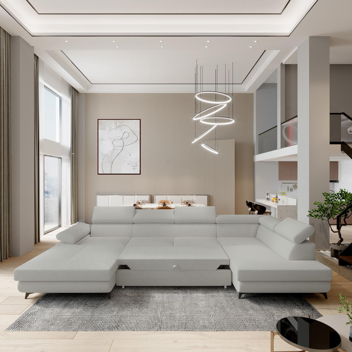 WOHNLANDSCHAFT RUBANO R-S Hellgrau Boucle-Stoff mit Schlaffunktion - Hellgrau, Holz (339/89/190cm) - MASSENO