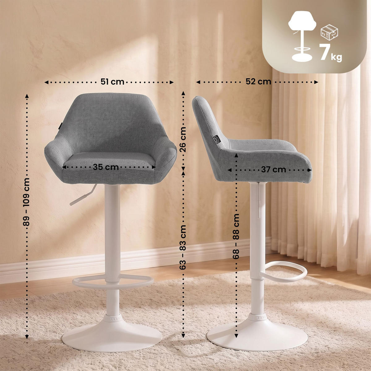 BARHOCKER 2 Stoff Grau - Weiß/Grau, Textil/Metall (51/89/52cm) - CLP