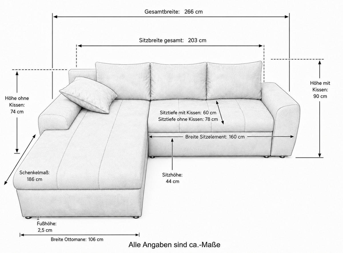 ECKSOFA mit Schlaffunktion, Bettkasten, Wellenunterfederung, Ottomane links B266/T186/H90 cm, Mikrofaser Leder-Optik Vintage Braun / 18014 - Schwarz/Braun, Kunststoff/Textil (266/186cm) - luma-home