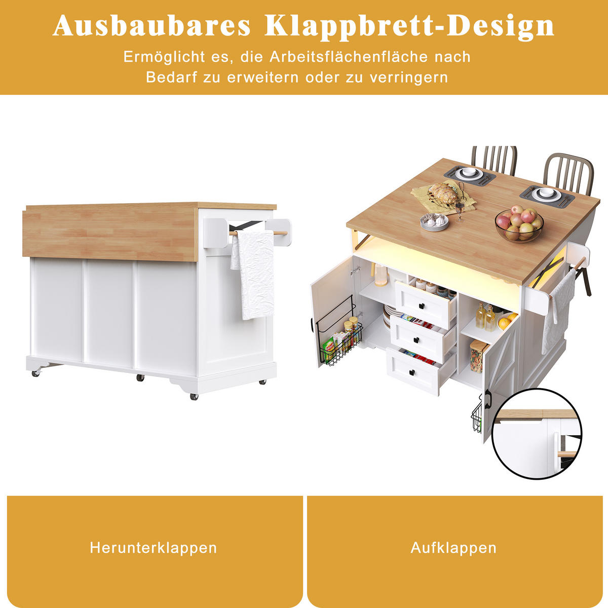 KÜCHENINSEL 120/43/98 cm weiß aus MDF mit klappbarer Platte - Weiß, Holzwerkstoff (120/98/43cm) - OKWISH