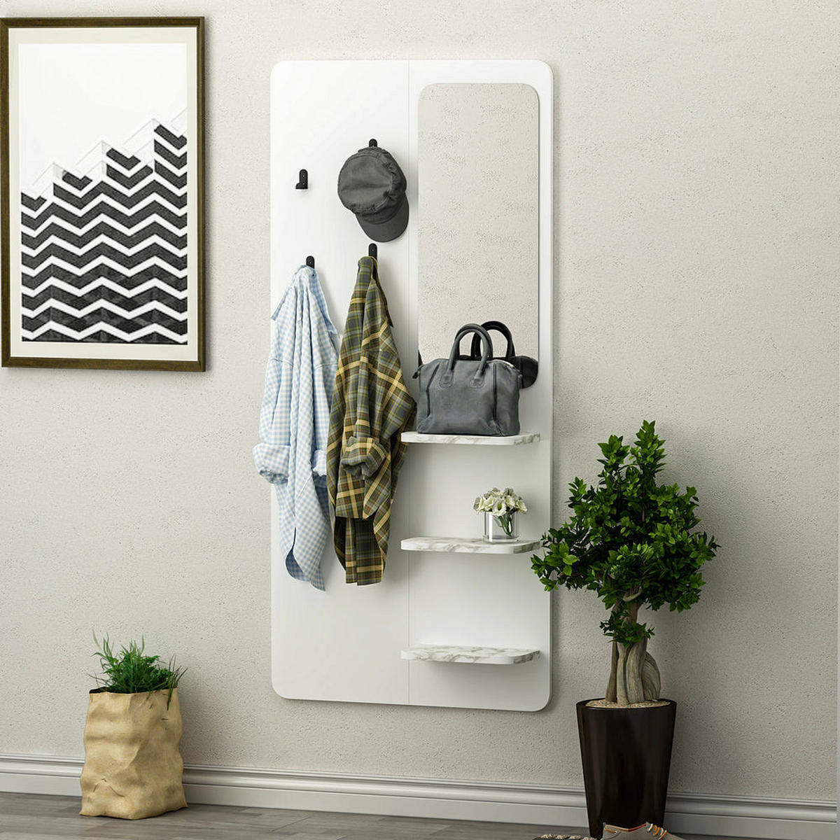GARDEROBE Buket Weiß Marmor Optik mit Spiegel 9246 - Weiß, Holzwerkstoff (70/150/15cm) - moebel17