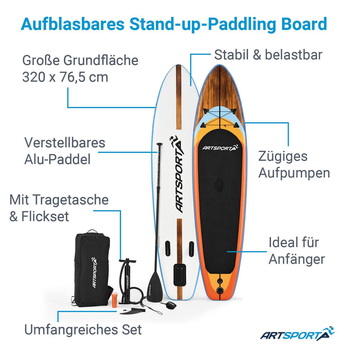 STAND UP Paddle Board Beach Rocker aufblasbar mit Tasche & Zubehör - Orange, Kunststoff (320/76.5/15cm) - Artsport