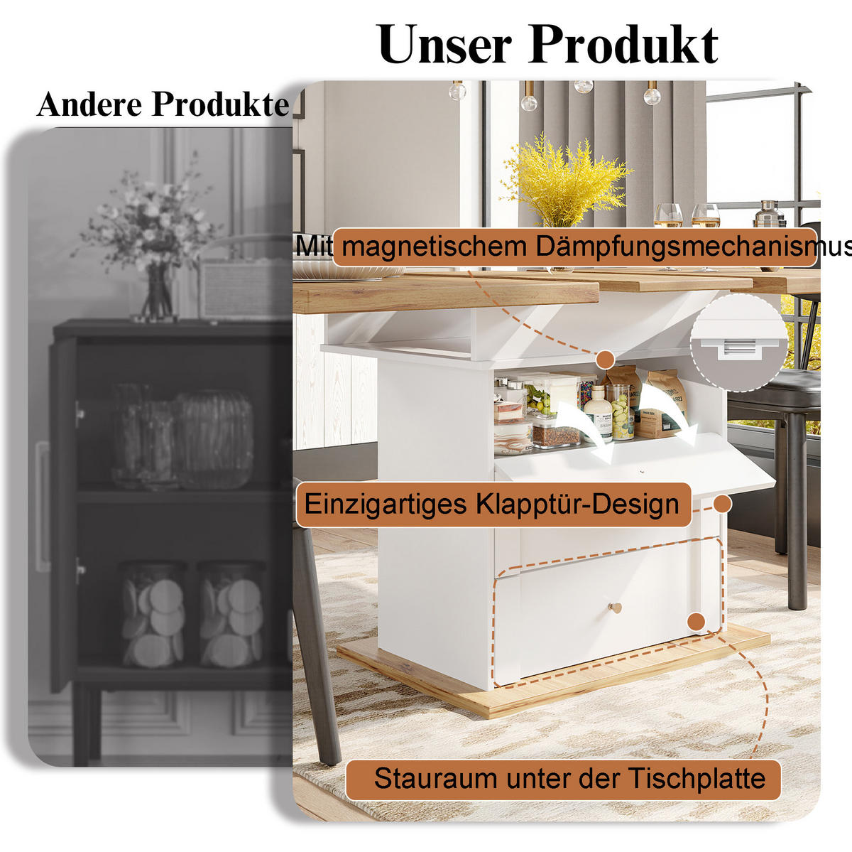 JEDÁLENSKÝ stôl 110-140/80 cm MDF, biela/natural, rozkladací so skrytým úložným priestorom - biela, kompozitné drevo (140/80/75cm) - BEAOK