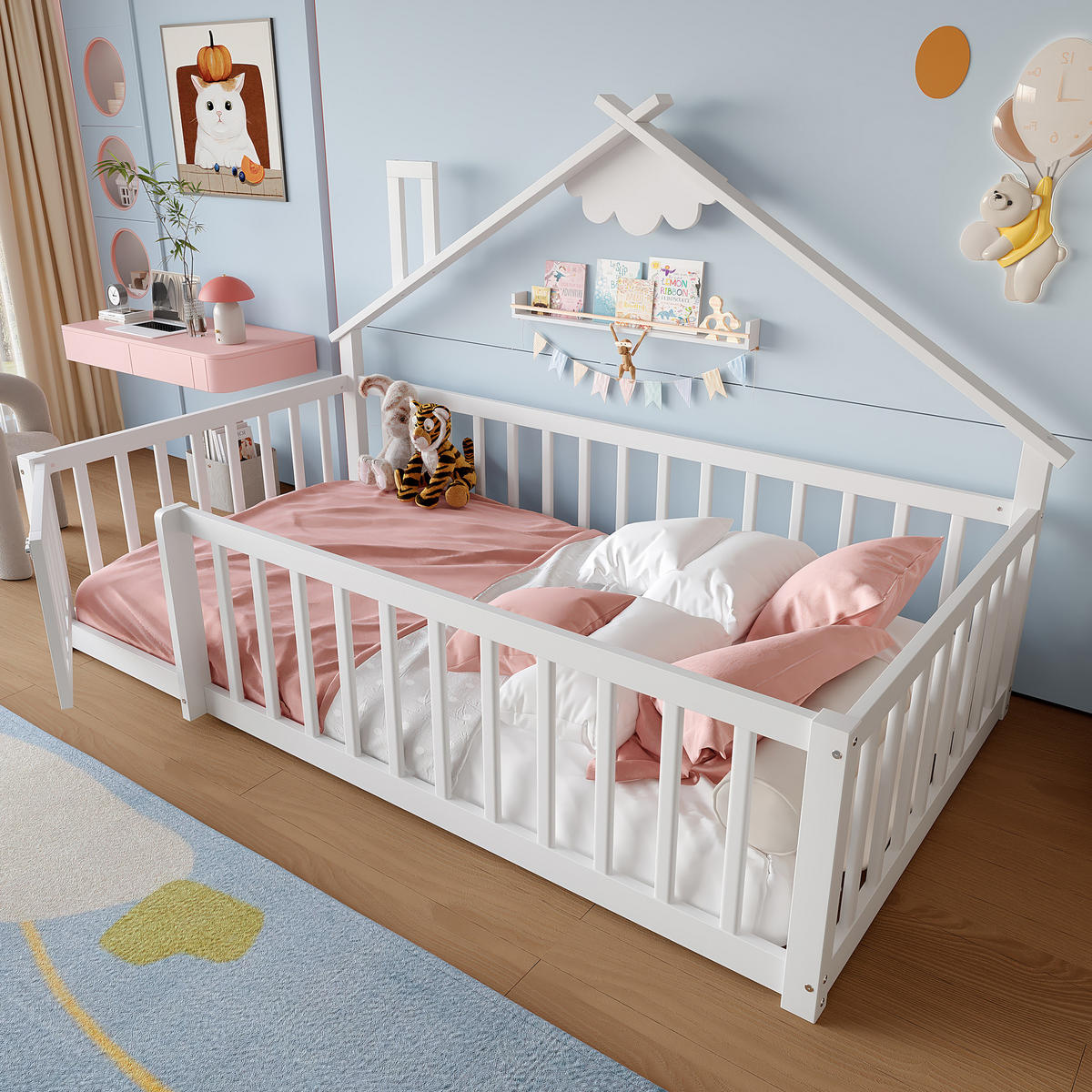 FLACHBETT 90/190 cm Kinderbett aus Kiefernholz mit Geländer und Schloss in Weiß - Weiß, Holz (90/190cm) - OKWISH