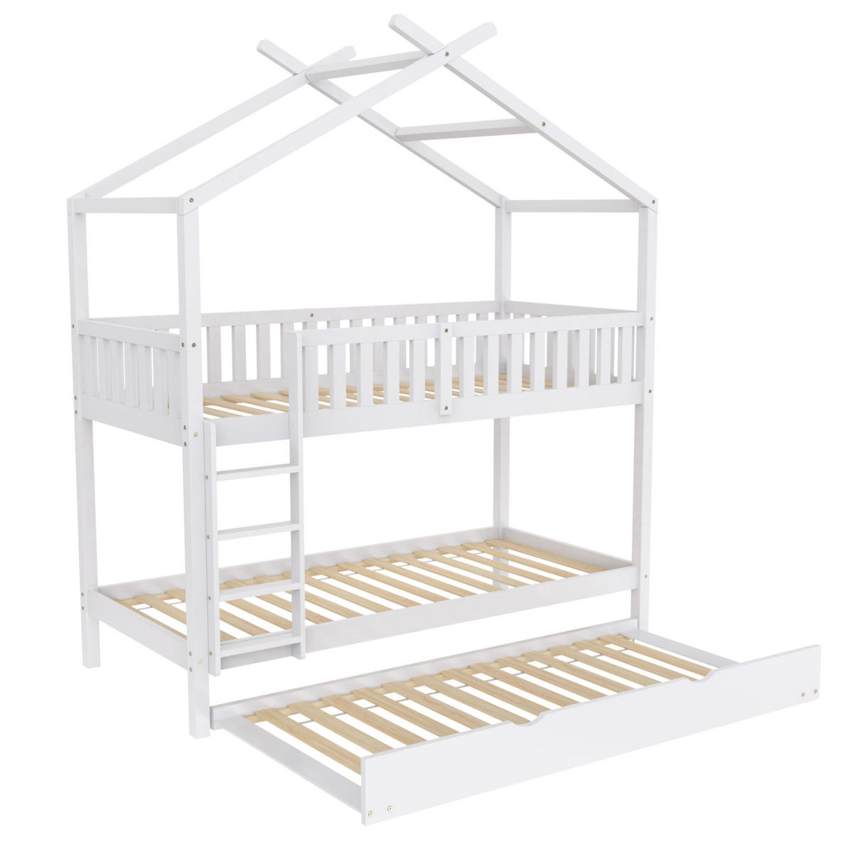 KINDERBETT 90/200 cm mit Ausziehbett, in 3 Einzelbetten teilbar aus massivem Kiefern, Weiß - Weiß, Holzwerkstoff (90/200cm) - Redom