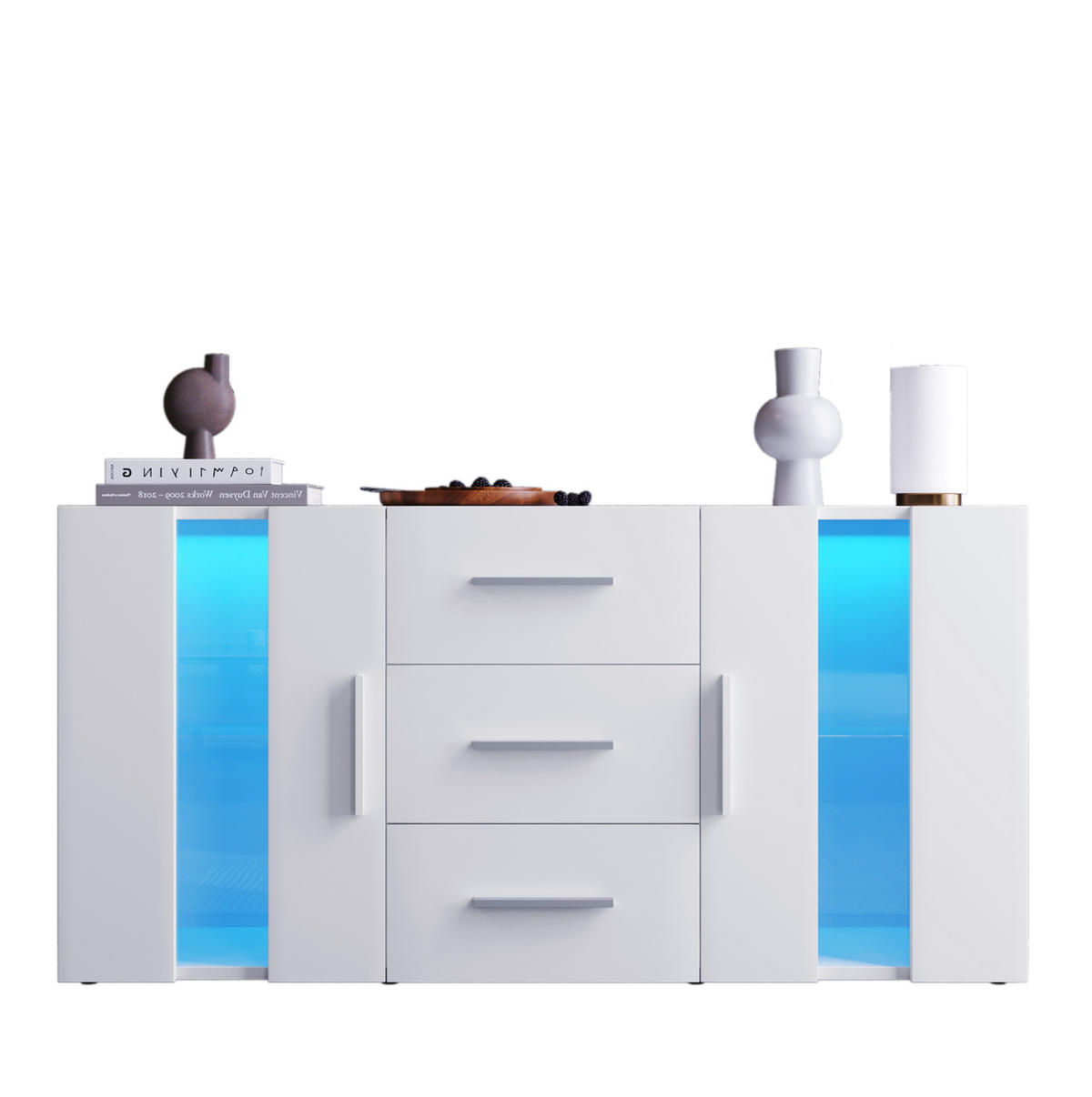 SIDEBOARD 140/35/70 cm weiß MDF mit 16 Farben LED-Leuchten und 3 Schubladen - Weiß, Holzwerkstoff (140/70/35cm) - OKWISH