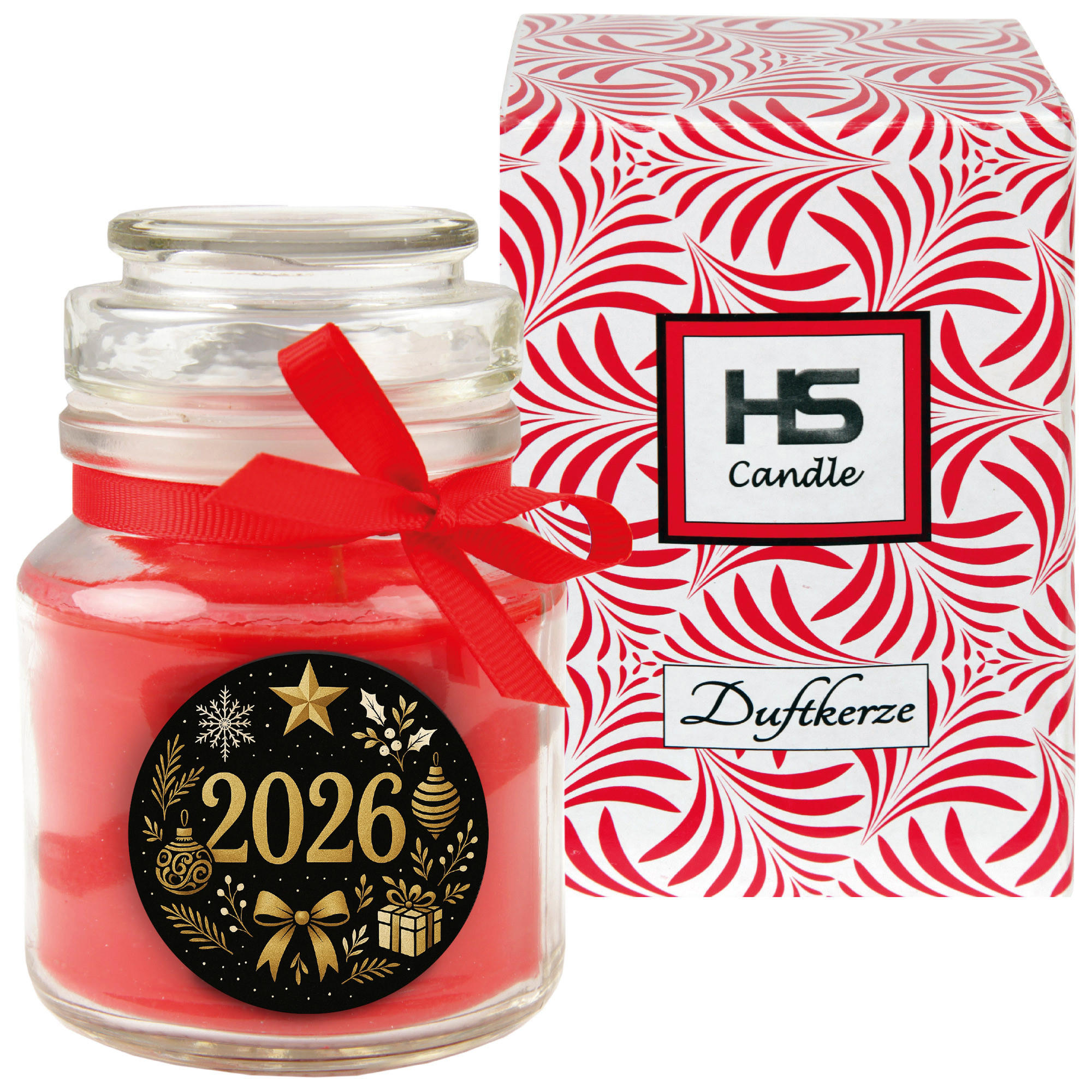DUFTKERZE im Glas - Neujahr Kirsche Bonbonsglas 120 g - Hellrot, Naturmaterialien (7/10cm)