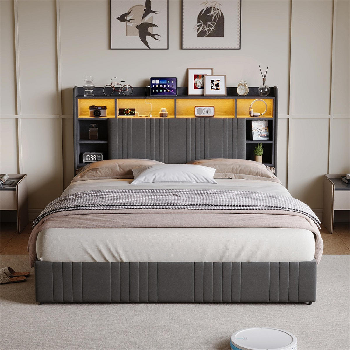 POLSTERBETT 160x200 cm mit 4 Schubladen - LED-Beleuchtung - Gepolstertes Kopfteil mit Stauraum - Grau - Grau, Textil (160/200cm) - DELFA