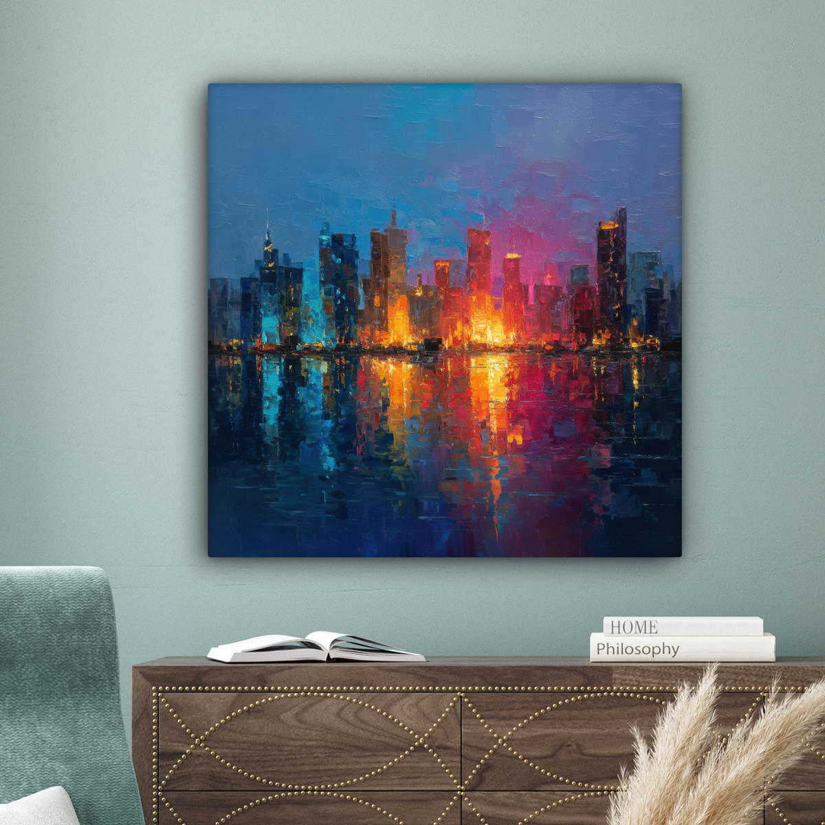 LEINWANDBILD Skyline - Pinselstriche - Dunkelblau - Leuchtend Deko Groß 90x90 cm - Blau, Textil (90/90cm) - MuchoWow