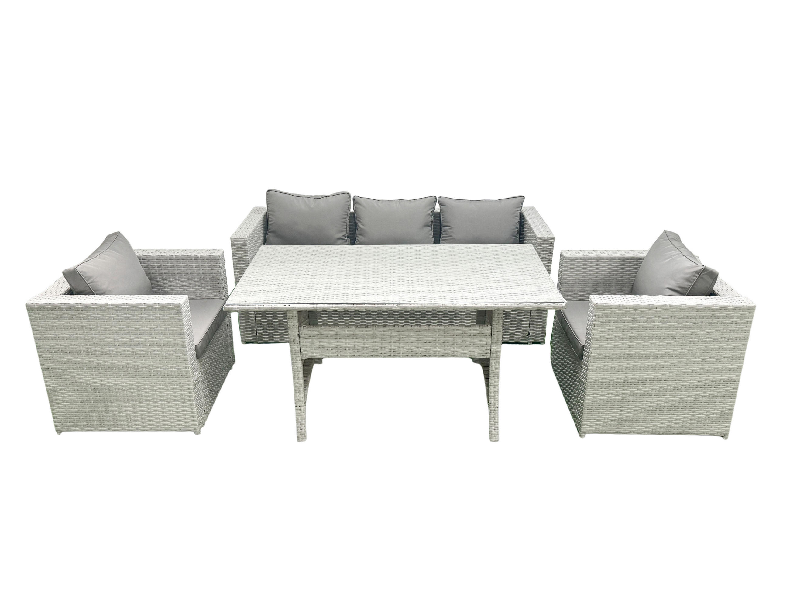 GARTENMÖBEL SET mit Sofa Polyrattan Hellgrau 5-Sitzer - Hellgrau/Grau, Glas/Kunststoff - Fimous