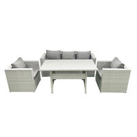 GARTENMÖBEL SET mit Sofa Polyrattan Hellgrau 5-Sitzer - Hellgrau/Grau, Glas/Kunststoff - Fimous