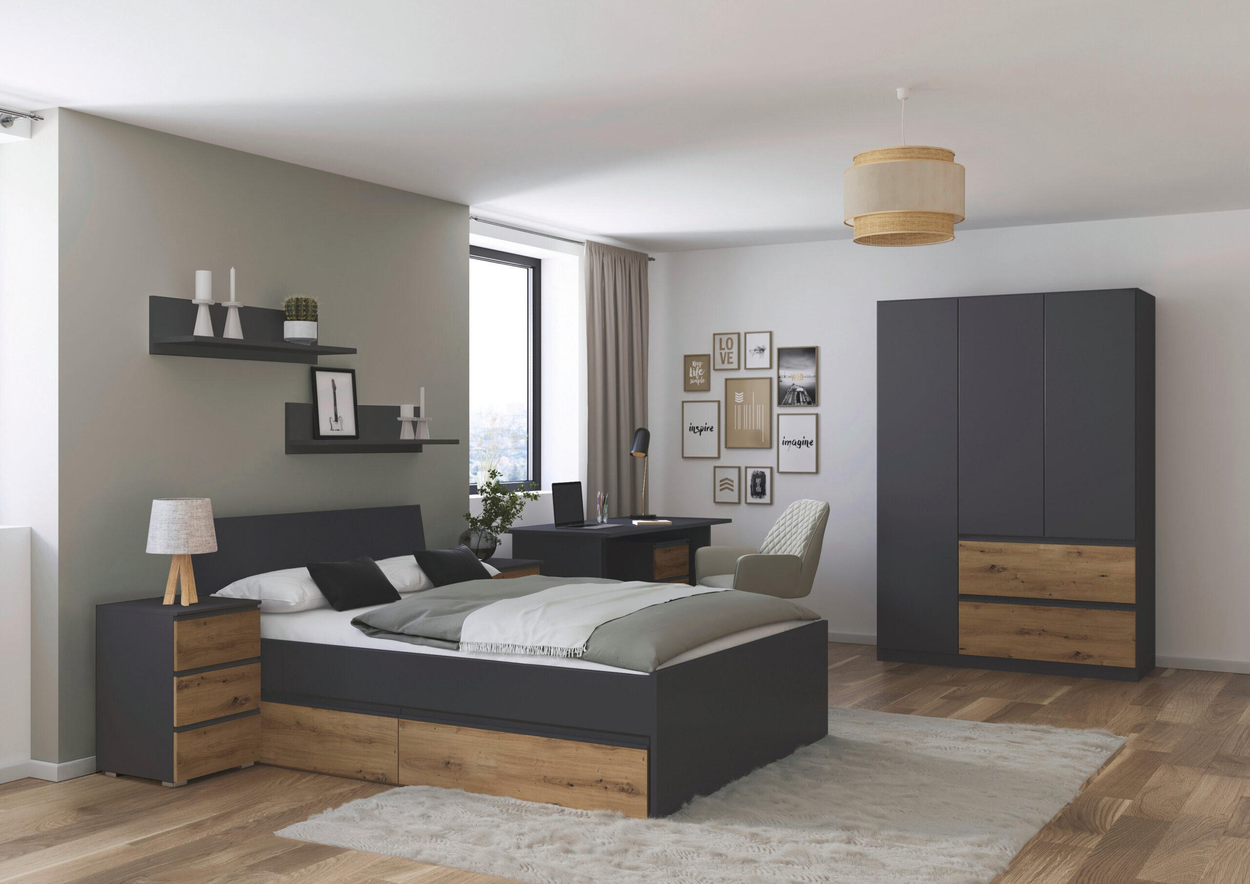 JUGENDZIMMER Joel in Grau Metallic und Artisan Eiche 5 teilig – mit 3trg Kleiderschrank, 140er Bett, Nachttisch, Schreibtisch und Rollcontainer - Grau, Holzwerkstoff (80/200/120cm)