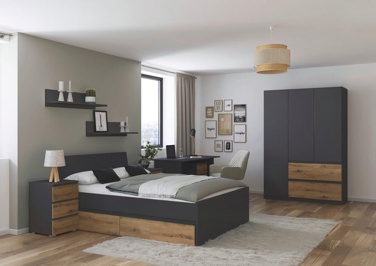 JUGENDZIMMER Joel in Grau Metallic und Artisan Eiche 5 teilig – mit 3trg Kleiderschrank, 140er Bett, Nachttisch, Schreibtisch und Rollcontainer - Grau, Holzwerkstoff (80/200/120cm)