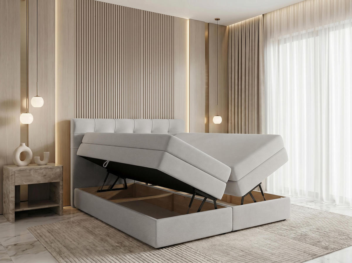 BOXSPRINGBETT FINIKE 160x200 cm mit Bettkasten und 2 Matratzen - Beige + TOPPER - Beige/Schwarz, Holz/Holzwerkstoff (160/200cm) - AX Living