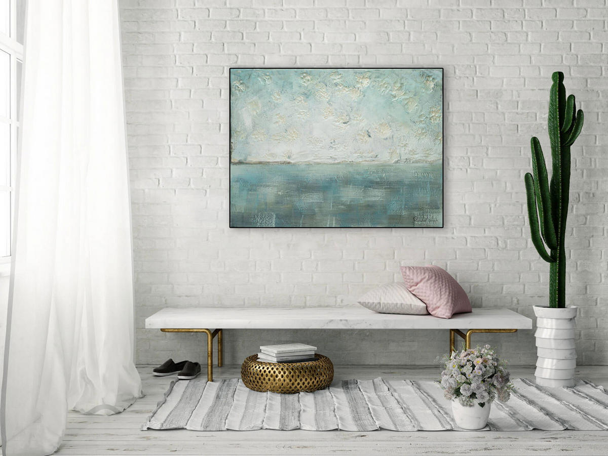 ÖLGEMÄLDE 100/75 cm - Petrol/Weiß, Holz/Textil (1.9/75cm) - KUNSTLOFT