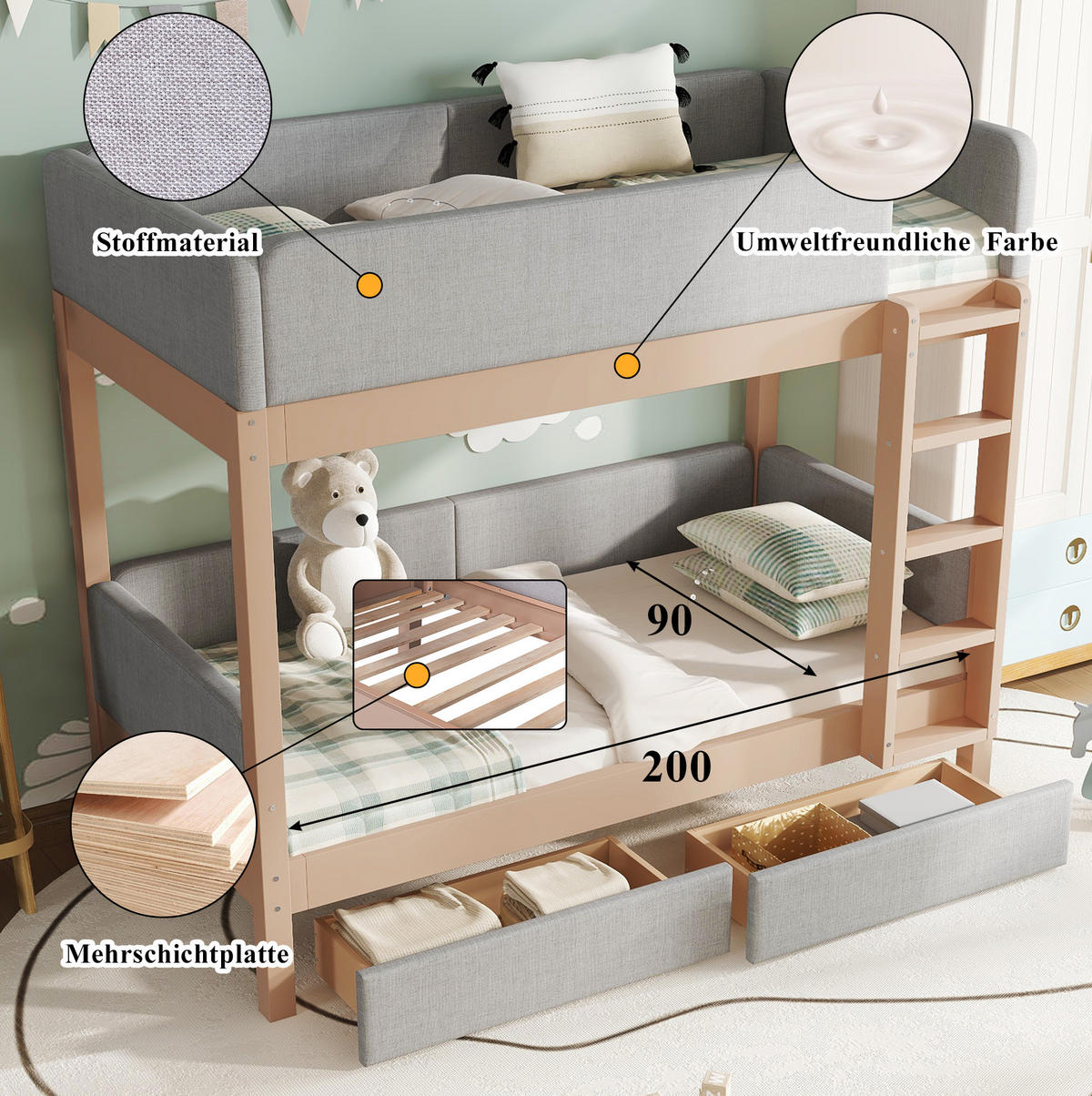 ETAGENBETT 90/200 cm in Grau/Natur mit 2 Schubladen und gerader Treppe - Grau, Holz - BEAOK