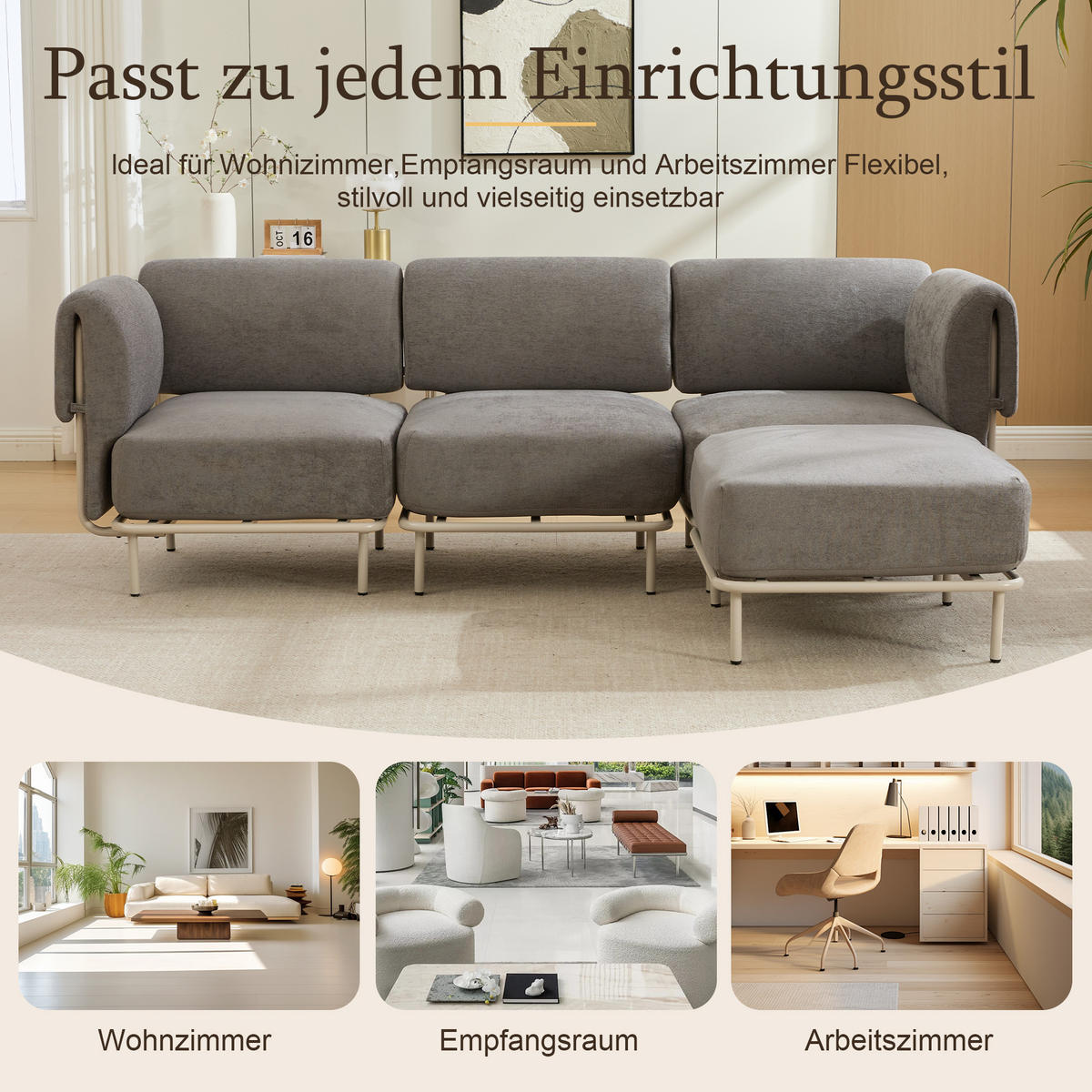 ECKSOFA 251/155/78 cm Grau Chenille mit 1 Fußhocker - Grau, Textil (155/251cm) - Oxeza