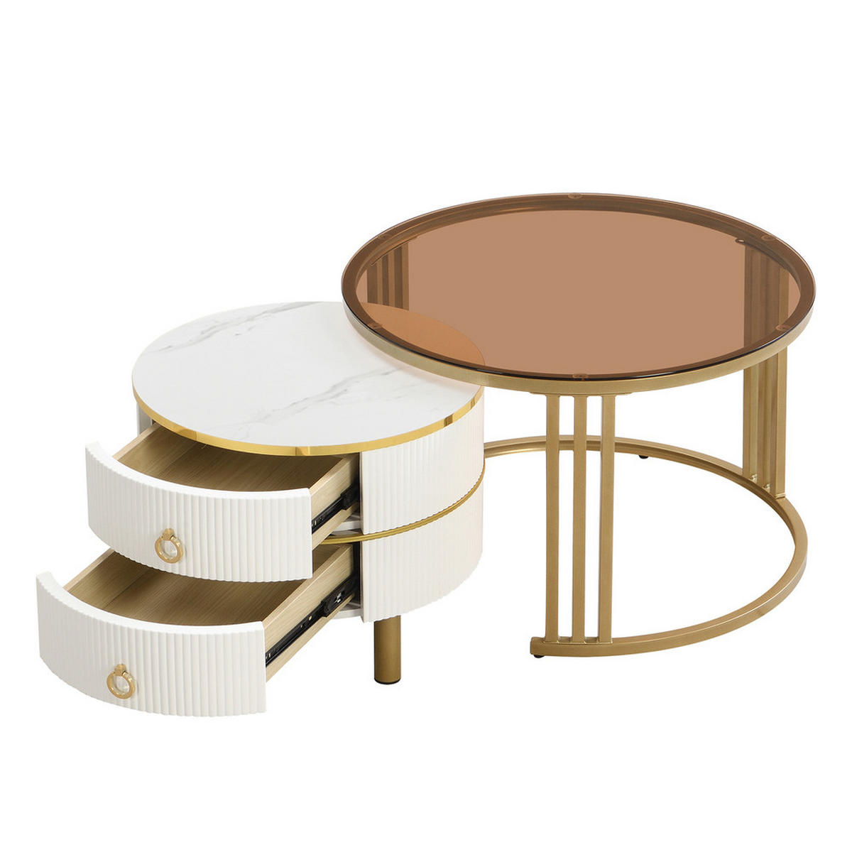 COUCHTISCH 2-in-1 Rund 2 Schubladen Weiß & Braunglas - Weiß, Holz (56/56/34.5cm) - FLIEKS