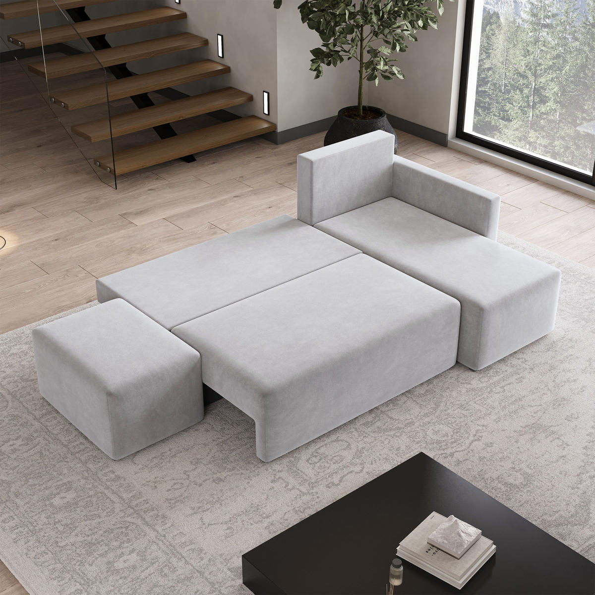 ECKSOFA VELOTTI R-S Hellgrau Plüsch-Stoff mit Schlaffunktion - Hellgrau, Holz (261/143cm) - MASSENO