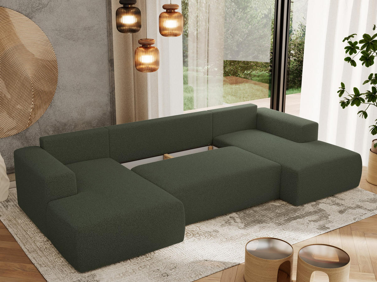 WOHNLANDSCHAFT TRENTINO U Grün Boucle - Grün, Textil (334/91/163cm) - MKS