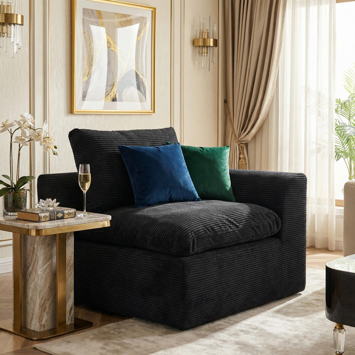 SESSEL Cord-Sofa mit Federkern-Polsterung und Kissen, Montagefrei - Schwarz, Textil (101/84/102cm) - Urban Meuble